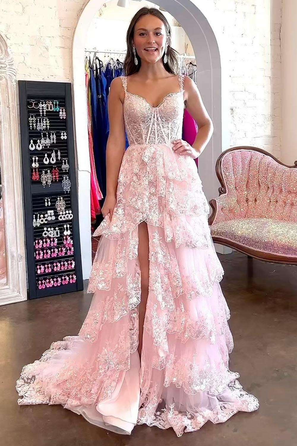 Slit Tiered Ruffle Prom Dress with Sequin