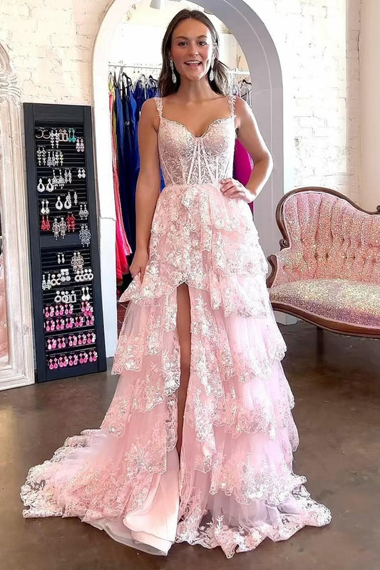 Slit Tiered Ruffle Prom Dress with Sequin