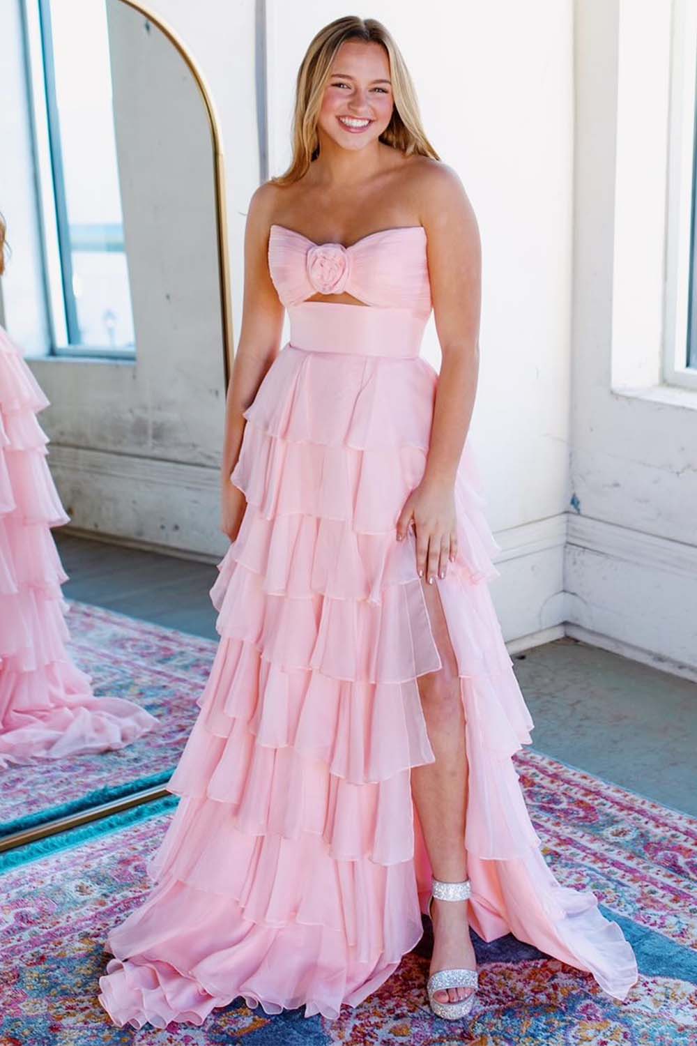 Strapless Ruffle Chiffon Slit Prom Dress with Keyhole