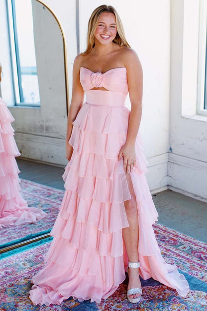 Strapless Ruffle Chiffon Slit Prom Dress with Keyhole