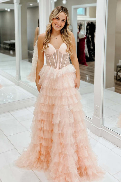 A-Line Tiered Sheer Corset Bodice Prom Dress