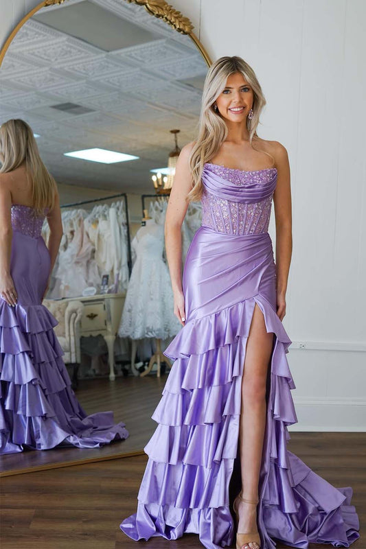 Lilac Strapless Ruffle Slit Prom Dress with Lace Top