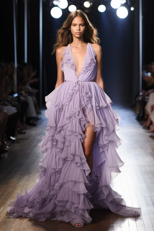 Deep V-neck Lilac Ruffle Prom Gown with Slit