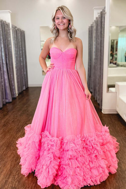 Strapless Tulle Pink Prom Dress with Ruffle Hem