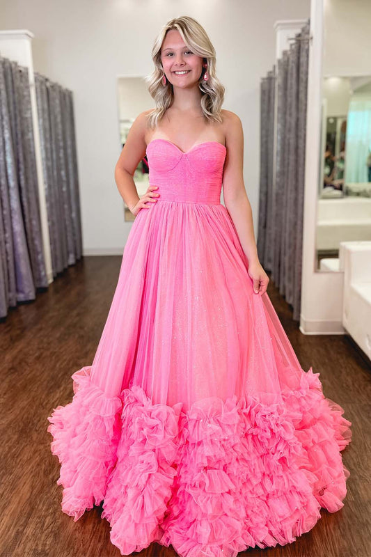 Strapless Tulle Pink Prom Dress with Ruffle Hem