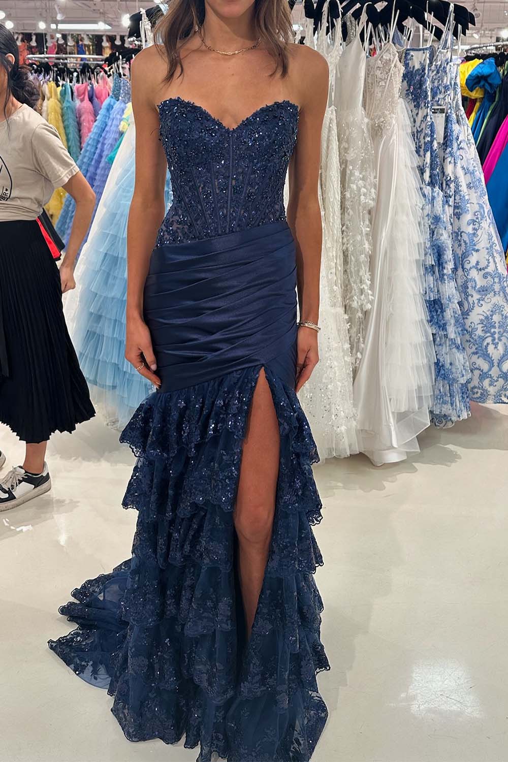 Strapless Slit Prom Dress with Ruffle Skirt