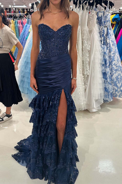 Strapless Slit Prom Dress with Ruffle Skirt