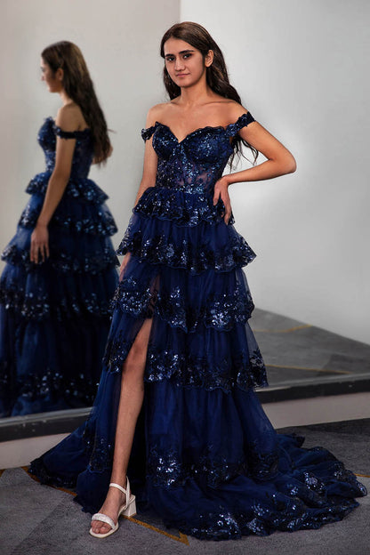 Ruffle Tiered Prom Dress with Sequin