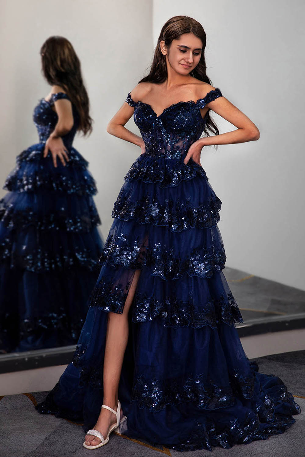 Ruffle Tiered Prom Dress with Sequin