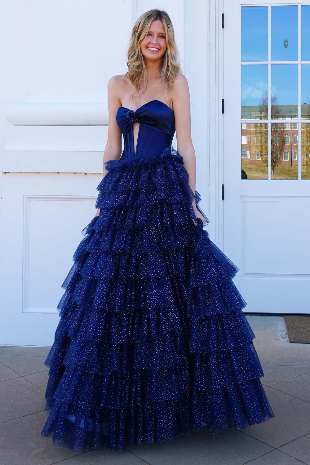 Strapless Tiered Bodycon Prom Gown