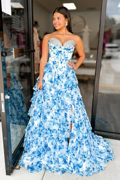 Sweetheart Strapless Beaded Chiffon A-Line Floral Party Prom Dress
