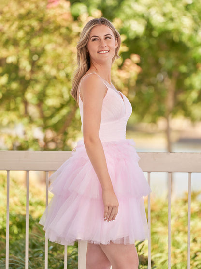Pink A-Line Deep V Neck Tulle Tiered Homecoming Dresses