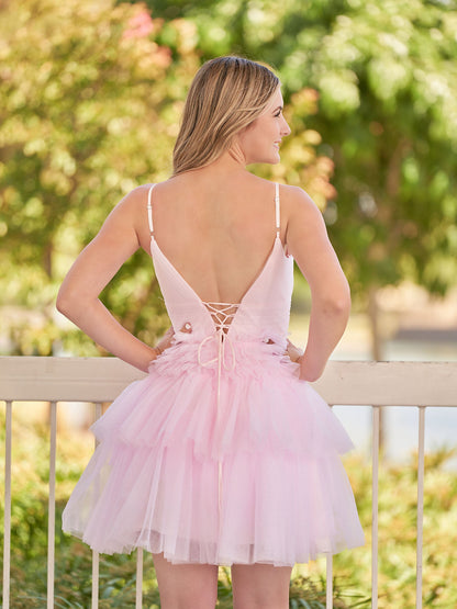 Pink A-Line Deep V Neck Tulle Tiered Homecoming Dresses