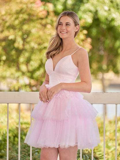 Pink A-Line Deep V Neck Tulle Tiered Homecoming Dresses
