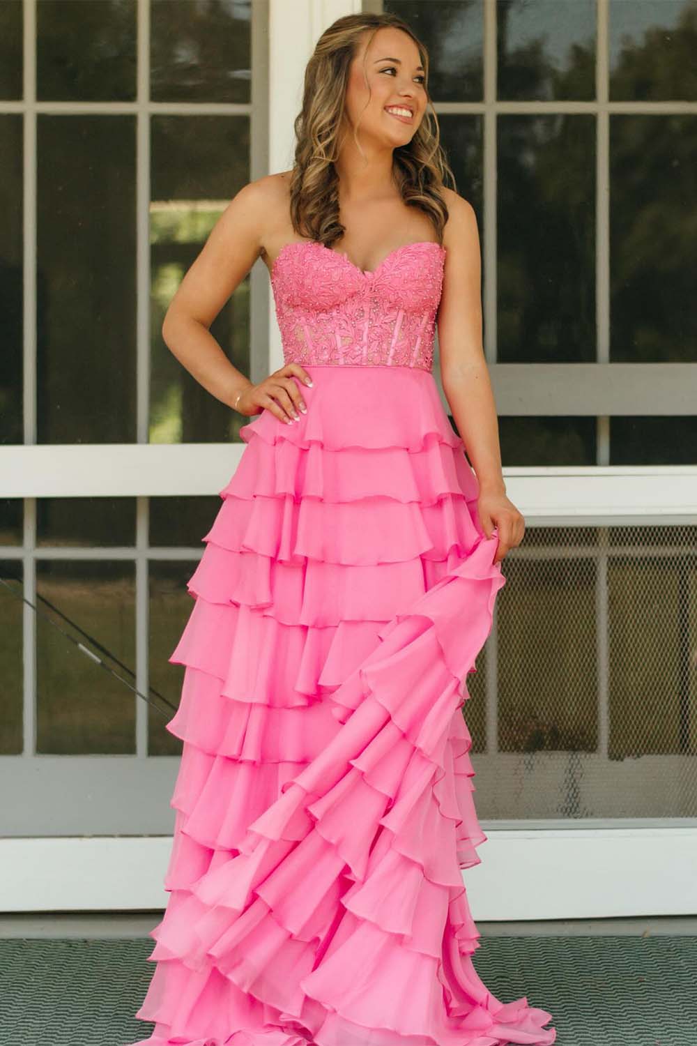 Strapless Lace Bodice Slit Prom Dress with Ruffle Skirt