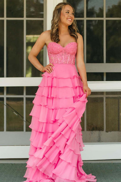 Strapless Lace Bodice Slit Prom Dress with Ruffle Skirt