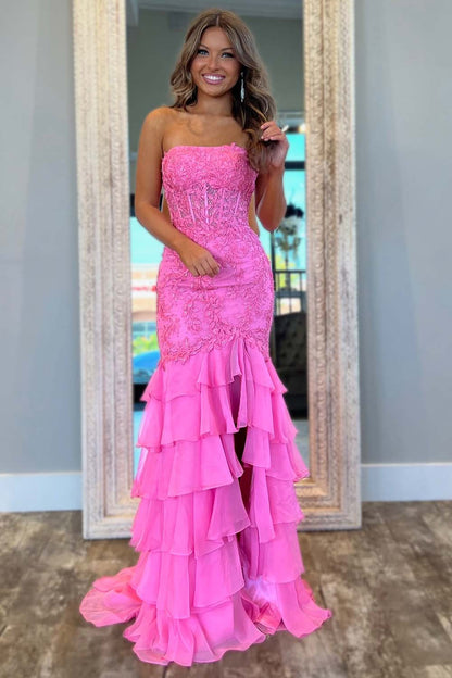 Strapless Lace Corset Prom Dress with Ruffle Skirt