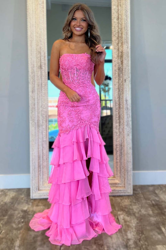 Strapless Lace Corset Prom Dress with Ruffle Skirt