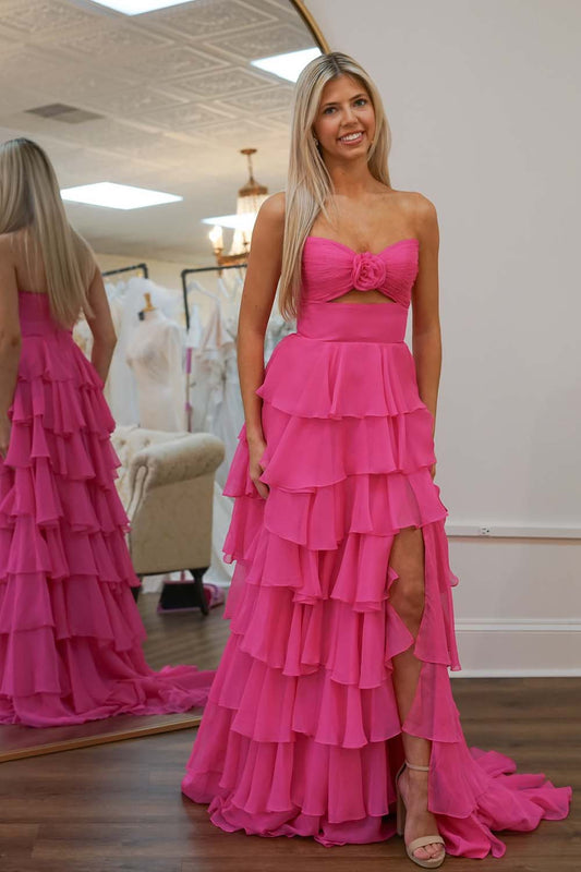 Strapless Ruffle Chiffon Slit Prom Dress with Keyhole