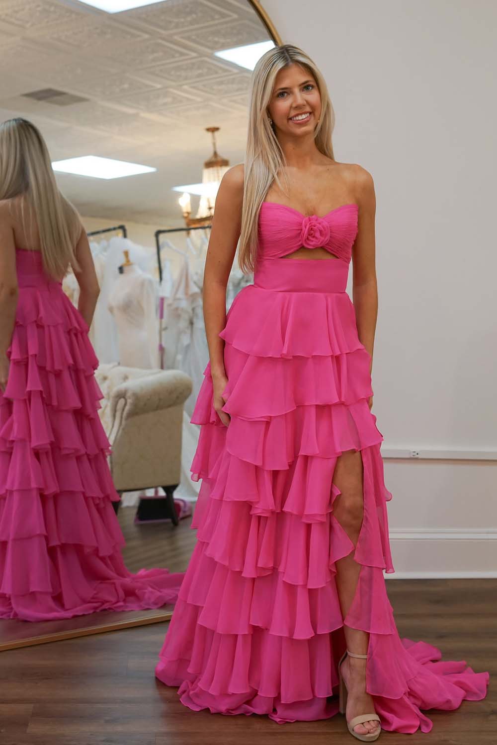Strapless Tiered Prom Gown with Flower