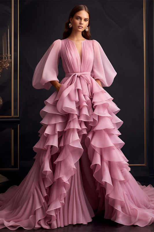 Pink Ruffle Prom Gown with Long Sleeves