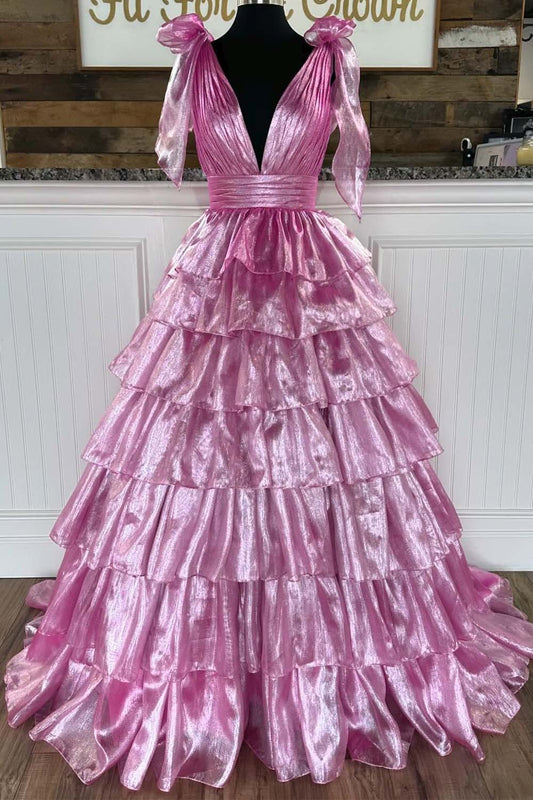 A-Line Deep V-neck Tiered Prom Dress with Straps Bows