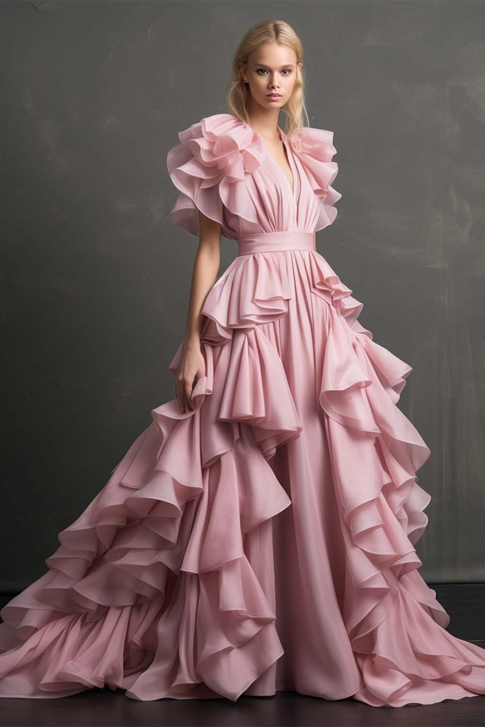 Pink Formal Gown with Ruffle Sleeves
