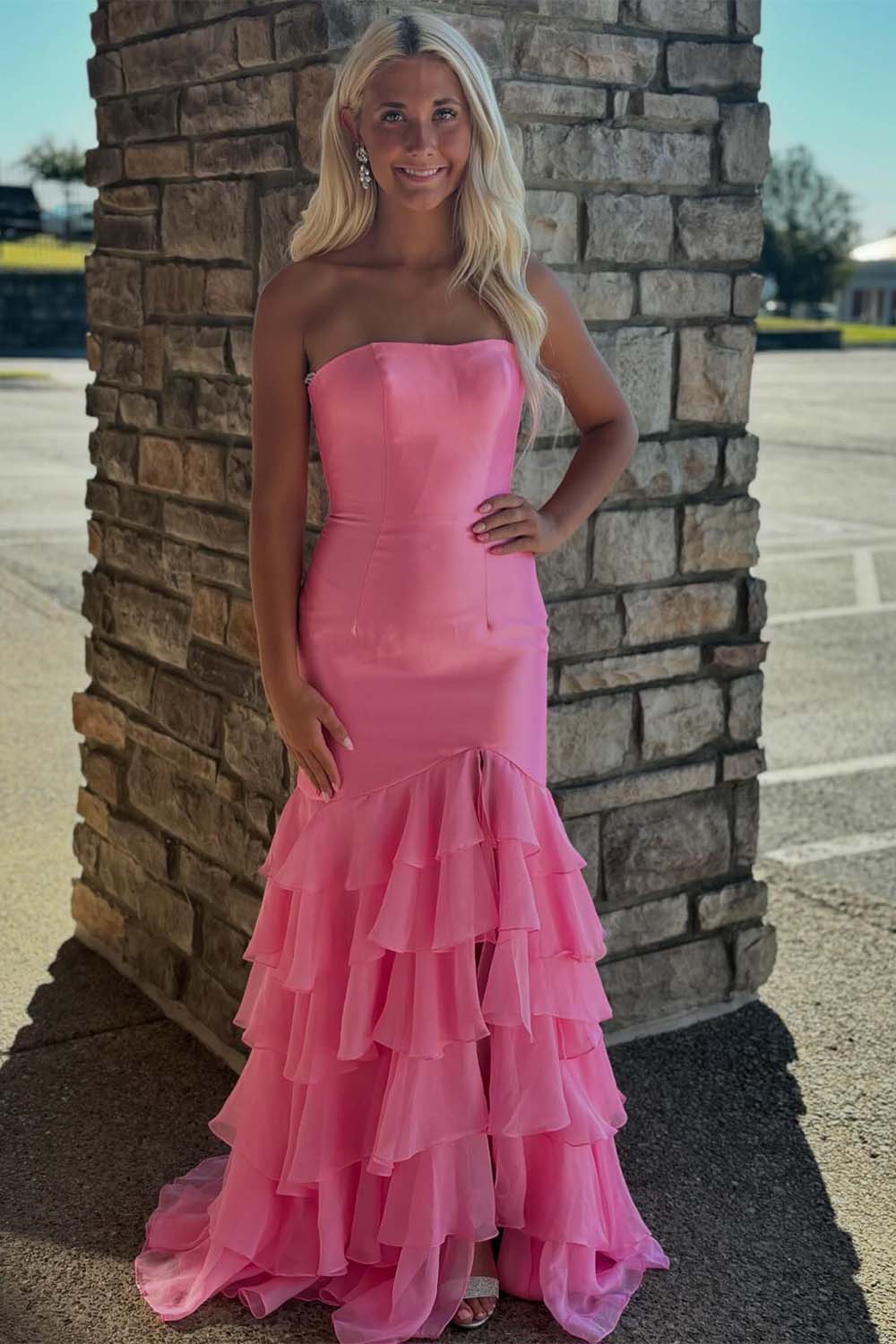 Strapless Ruffle Hem Prom Dress with Slit