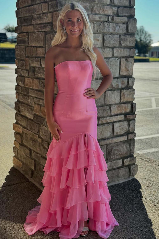 Strapless Ruffle Hem Prom Dress with Slit