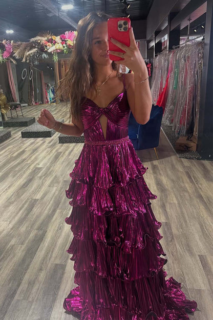 Purple Ruffle Pleated Prom Dress