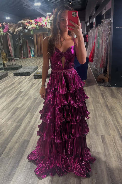 Purple Ruffle Pleated Prom Dress