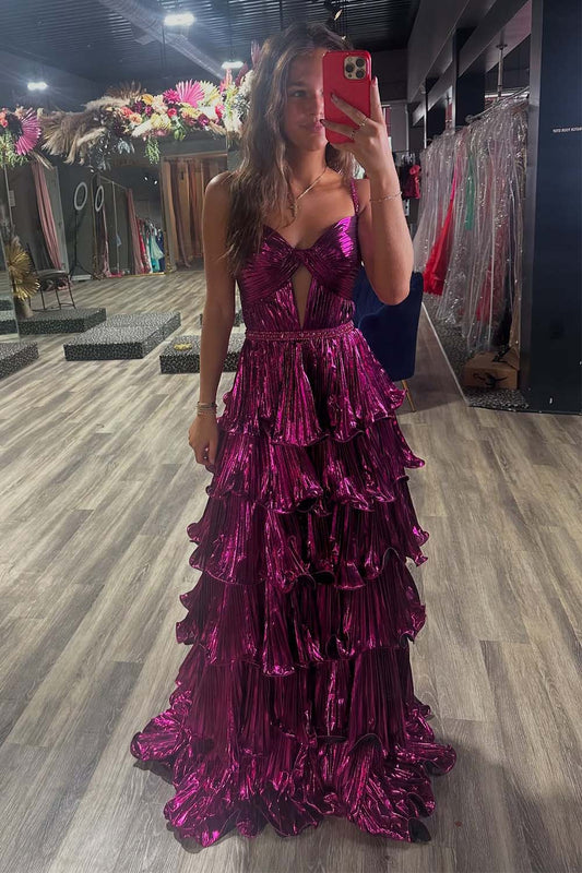 Purple Ruffle Pleated Prom Dress