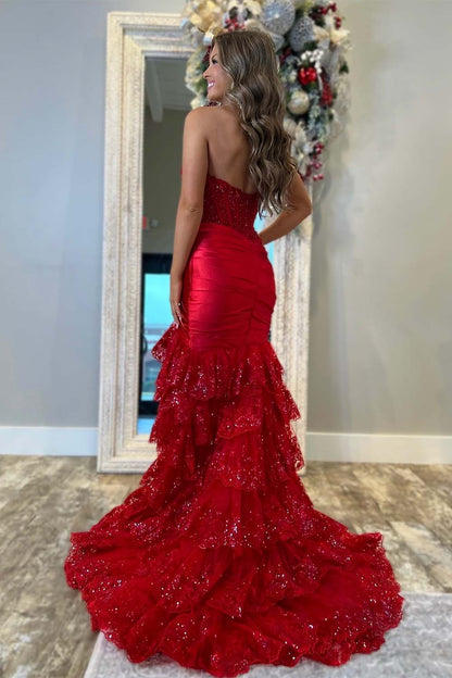 Strapless Slit Prom Dress with Ruffle Skirt