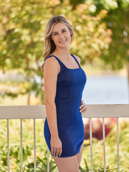 Glitter Sheath Square Neck Navy Blue Short Homecoming Dress With Slit