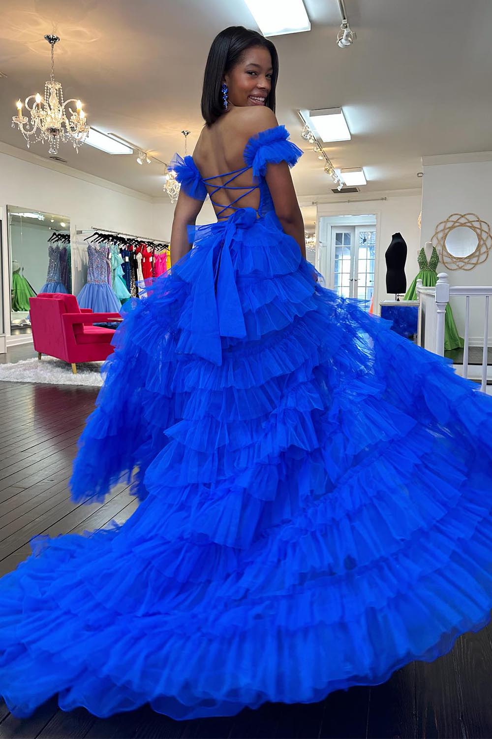Royal Blue Ruffle Slit Prom Dress