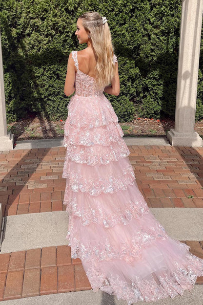 Sheer Corset Bodice Ruffle Prom Dress