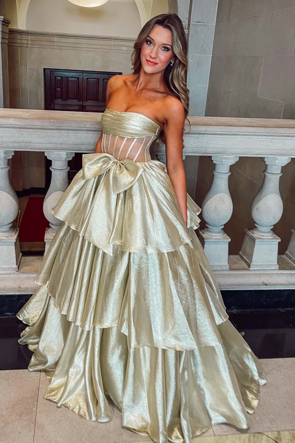 Sheer Corset Bodice Ruffle Prom Dress with Slit