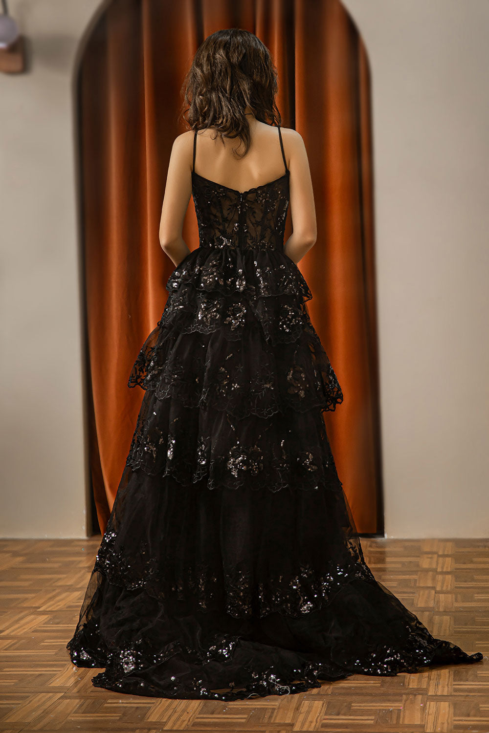 Ruffle Sheer Corset Bodice Prom Dress