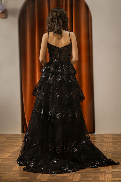 Ruffle Sheer Corset Bodice Prom Dress