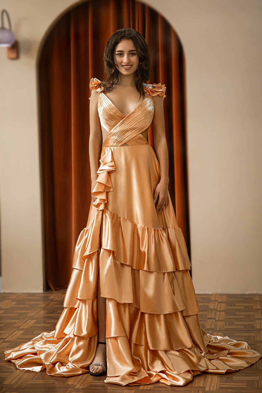Ruffle Slit Satin Open Back Prom Dress