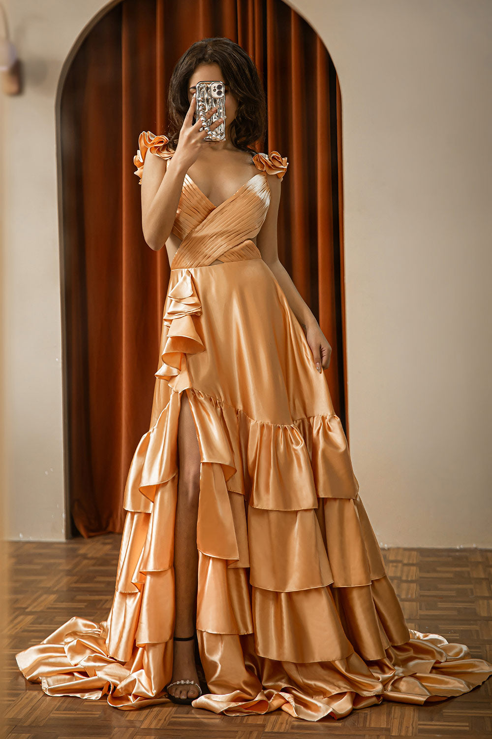 Ruffle Slit Satin Open Back Prom Dress