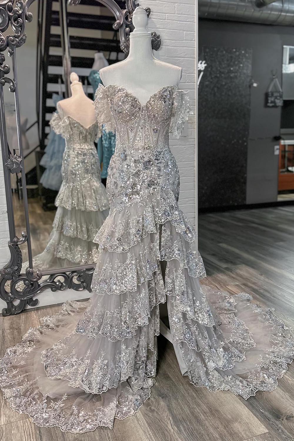 High Slit Ruffle Corset Prom Dress
