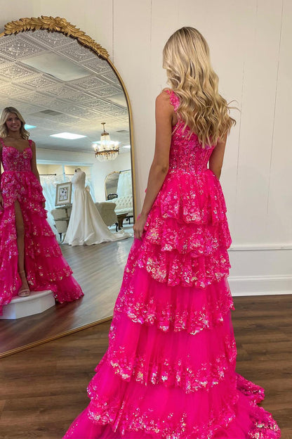 Straps Ruffled Prom Dress with Slit