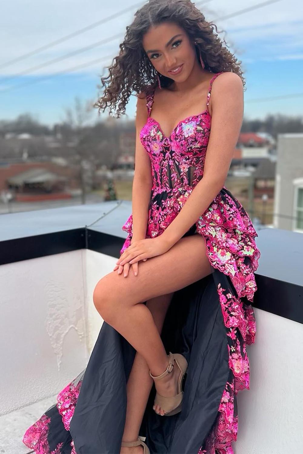 Corset Ruffle Prom Dress with Sequin