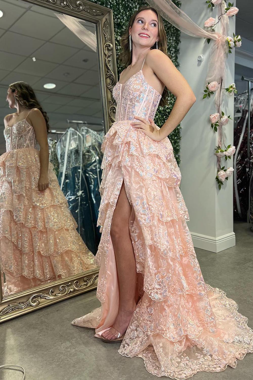 Light Pink Tiered Ruffle Prom Dress