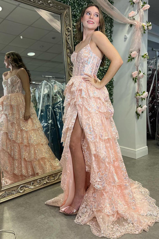 Light Pink Tiered Ruffle Prom Dress