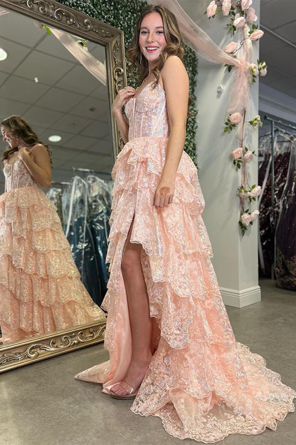 Light Pink Tiered Ruffle Prom Dress