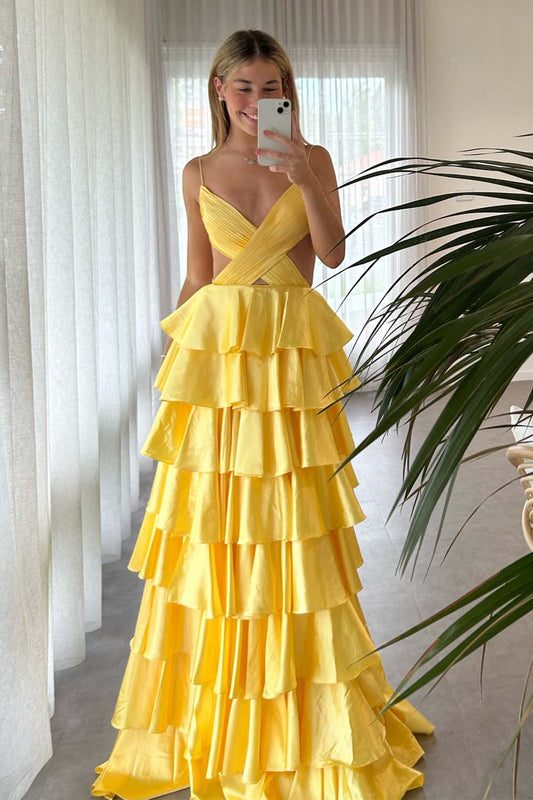 Ruffle Slit Prom Dress with Open Back