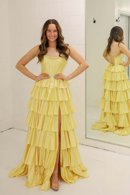 Yellow Strapless Ruffle Prom Gown with Slit
