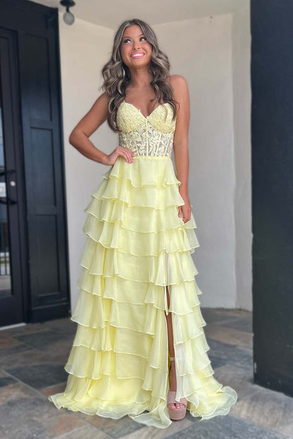 Strapless Lace Bodice Slit Prom Dress with Ruffle Skirt